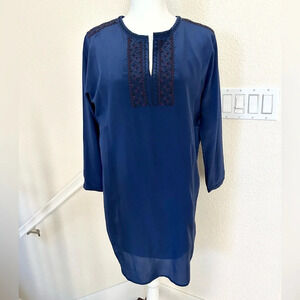 $178 NWT Madewell 100% silk embroidered prologue long sleeve dress Blue S